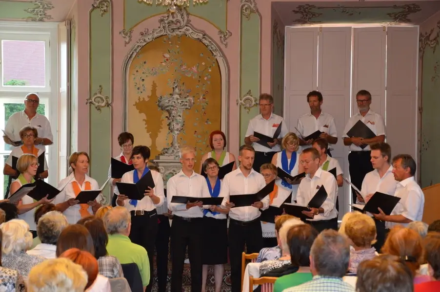 A small group of men singing, the concert in the Baroque Hall of Vorau Abbey 2016.